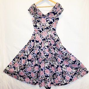 Laura Ashley Vintage Structured Cotton Dress in Dark Floral Print